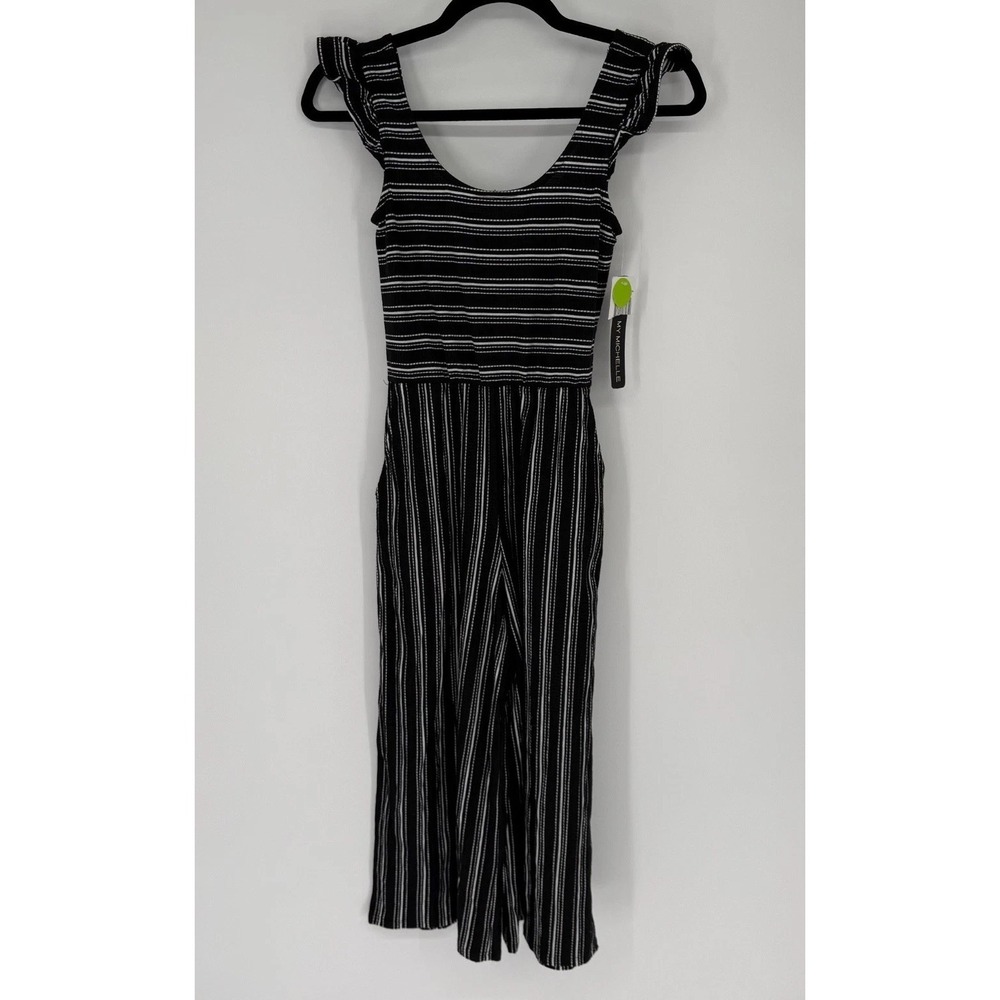 NWT My Michelle XS Jumpsuit Girls Black White Striped Pockets Stretch School